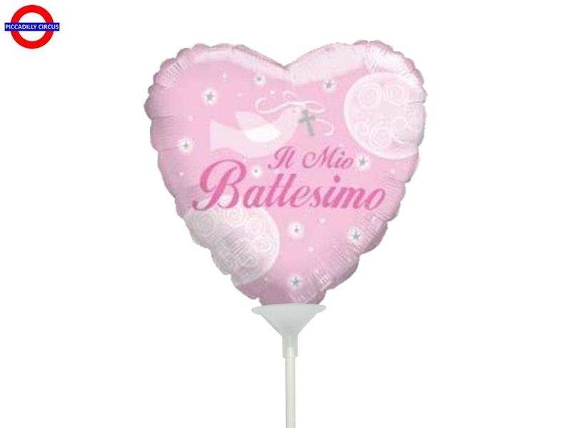 MYLAR BATTESIMO MINI SHAPE CUORE COLOMBA ROSA