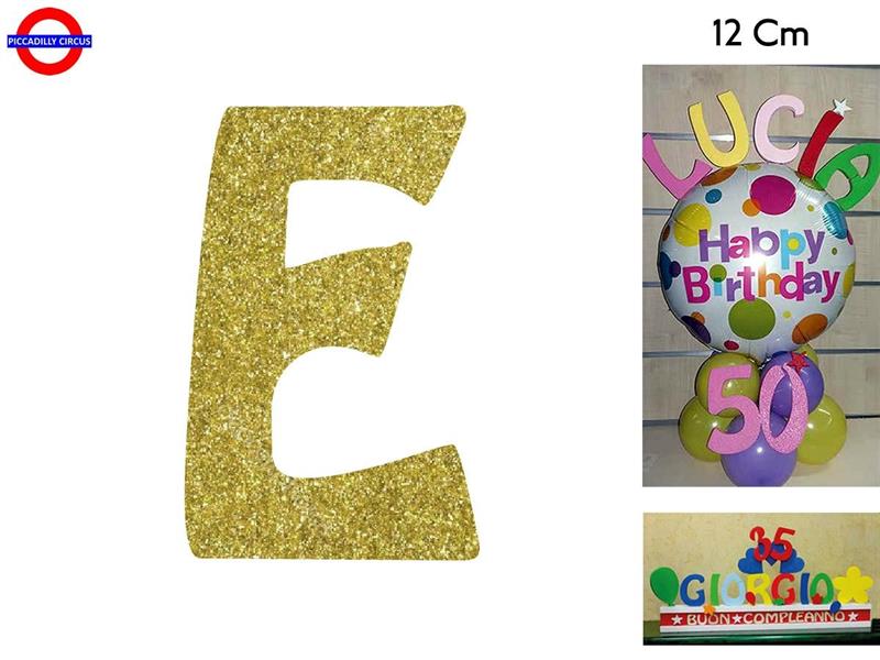 LETTERA E POLISTIROLO GLITTER ORO CM.12