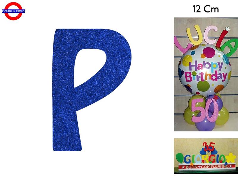 LETTERA P POLISTIROLO GLITTER BLU CM.12