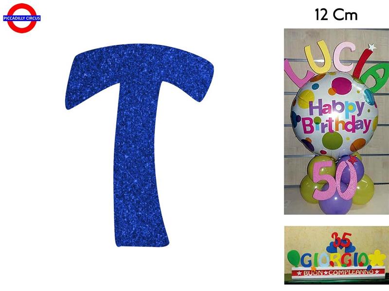 LETTERA T POLISTIROLO GLITTER BLU CM.12