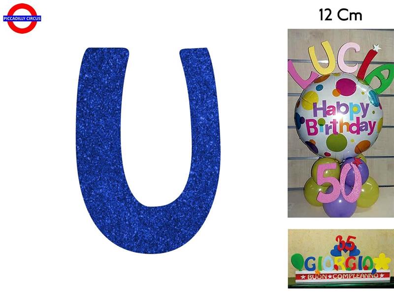 LETTERA U POLISTIROLO GLITTER BLU CM.12