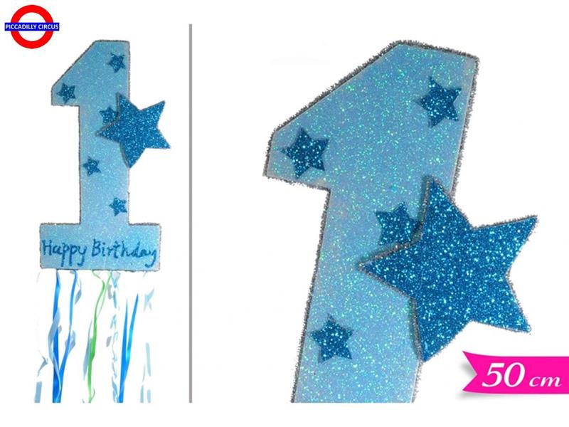 DECO 1° COMPLEANNO AZZURRO GLITTER CM.50 + FRANGE