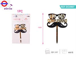 CAKE TOPPER BUON COMPLEANNO OCCHIALI E BAFFI ORO/NERO