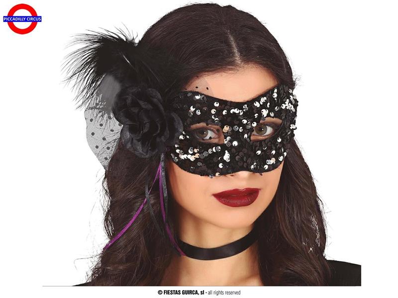 MASCHERA PAILLETTES NERE/ARGENTO CON FIORE