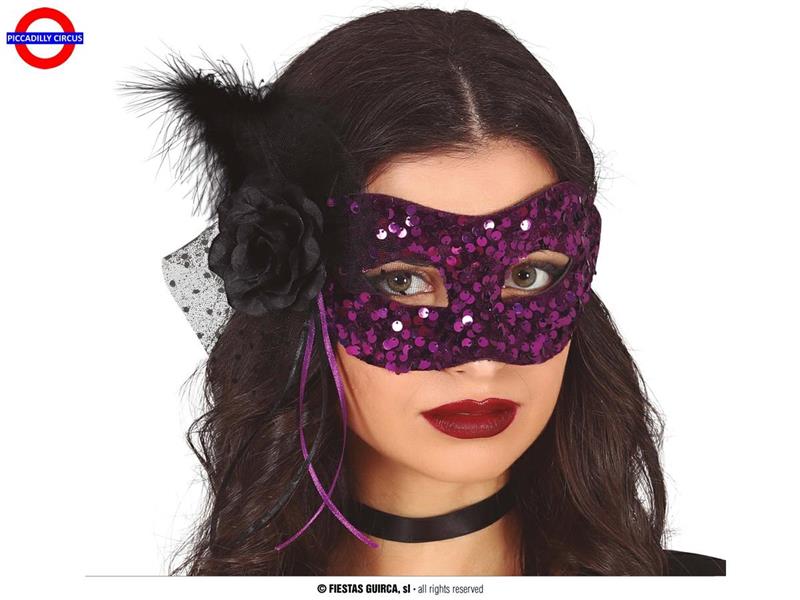 MASCHERA PAILLETTES NERE/VIOLA CON FIORE