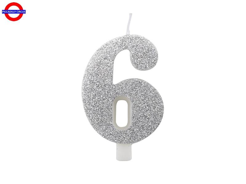 CANDELINA NUM. GLITTER ARGENTO CM.9.5 N°6 BIO