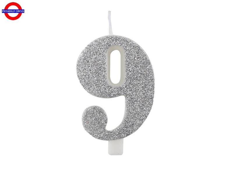 CANDELINA NUM. GLITTER ARGENTO CM.9.5 N°9 BIO