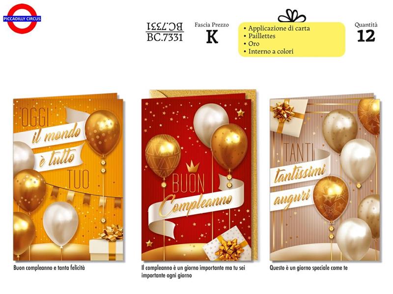 BIGLIETTO COMPLEANNO - PALLONCINI ORO 3 ASS.