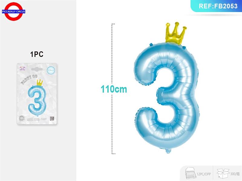 MYLAR NUMERO CELESTE CON CORONA CM.110 N° 3