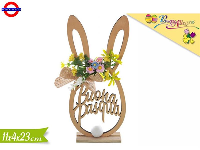 SCRITTA LEGNO BUONA PASQUA CONIGLIO CON FIOCCO CM.11X23